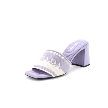 Prada Women's Logo Block Heeled Mule Sandals Leather and Fabric