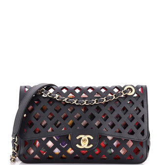 Chanel Sea Through Flap Bag Perforated Calfskin with Quilted Printed Fabric Medium