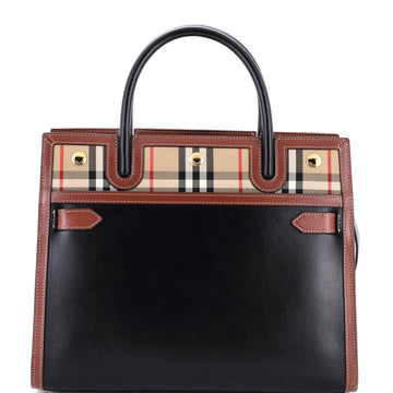 Burberry Title Two Handle Tote Leather with Vintage Check Canvas Small