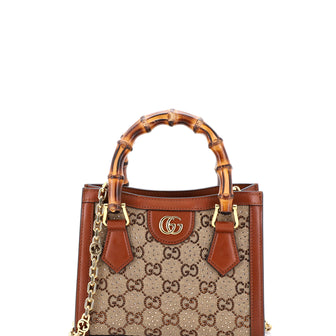 Gucci Diana NM Bamboo Handle Tote Crystal Embellished GG Canvas Mini