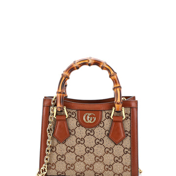 Gucci Diana NM Bamboo Handle Tote Crystal Embellished GG Canvas Mini