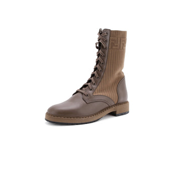 Fendi Women's Rockoko Combat Boots Leather with Knit Stretch Fabric and Zucca Trim