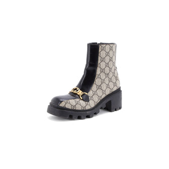 Gucci Women's Interlocking G Lug Sole Ankle Boots GG Coated Canvas with Leather