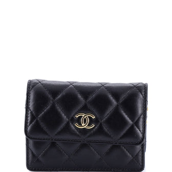 Chanel Camellia Bow Flap Card Holder with Chain Quilted Lambskin