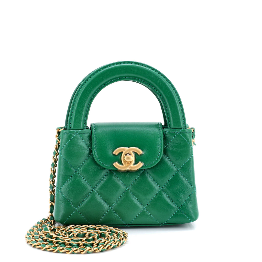 Kelly Top Handle Shopping Bag Quilted Shiny Aged Calfskin Nano