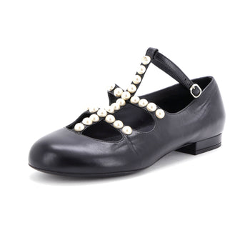 Chanel Women's Ankle Strap Mary Jane Flats Leather and Faux Pearls