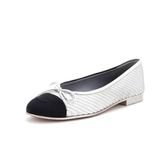 Chanel Women's CC Cap Toe Bow Ballerina Flats Woven Fabric with Grosgrain