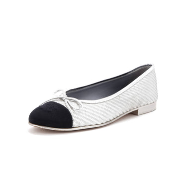 Chanel Women's CC Cap Toe Bow Ballerina Flats Woven Fabric with Grosgrain