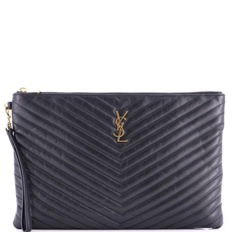Saint Laurent Classic Monogram Wristlet Pouch Matelasse Chevron Leather Large