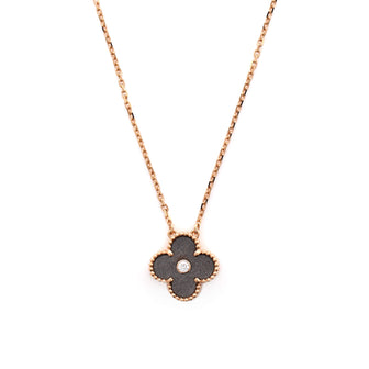 Van Cleef & Arpels Vintage Alhambra Pendant Necklace 18K Rose Gold and Silver Obsidian with Diamond