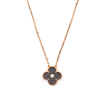 Van Cleef & Arpels Vintage Alhambra Pendant Necklace 18K Rose Gold and Silver Obsidian with Diamond