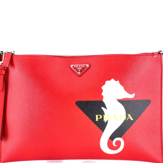 Prada Convertible Zip Clutch Crossbody Bag Printed Saffiano Leather