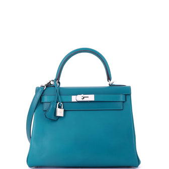Hermes Kelly Handbag Blue Tadelakt with Palladium Hardware 28