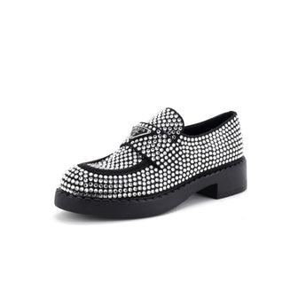 Prada Women's Triangle Logo Loafers Crystal Embellished Satin