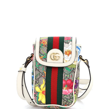 Gucci Ophidia Flap Phone Holder Crossbody Bag Flora GG Coated Canvas
