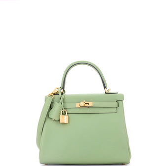 Hermes Kelly Handbag Green Evercolor with Gold Hardware 25