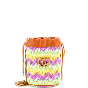 Gucci GG Marmont Bucket Bag Woven Raffia Mini