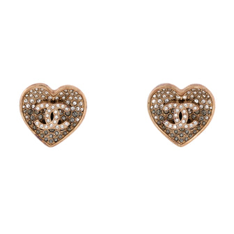 Chanel CC Heart Stud Earrings Metal with Crystals and Resin