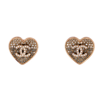 Chanel CC Heart Stud Earrings Metal with Crystals and Resin