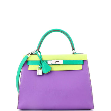 Hermes Kelly Handbag Tricolor Chevre Mysore with Palladium Hardware 28