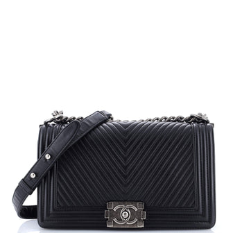 Chanel Boy Flap Bag Chevron Wrinkled Lambskin Old Medium