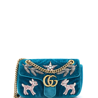 Gucci GG Marmont Flap Bag Embellished Matelasse Velvet Small