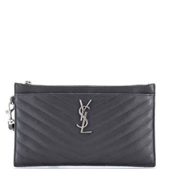 Saint Laurent Classic Monogram Zip Bill Pouch Matelasse Chevron Leather Large