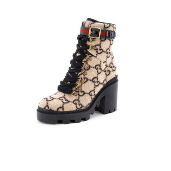Gucci Women's Heeled Lace Up Combat Ankle Boots GG Wool
