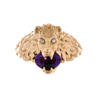 Gucci Lion Head Stud Ring 18K Yellow Gold with Amethyst and Diamonds