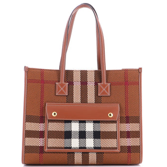 Burberry Freya Shopping Tote Check Canvas with Leather Small