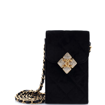 Chanel Diamond Lock CC Phone Holder with Chain Quilted Velvet with Crystals
