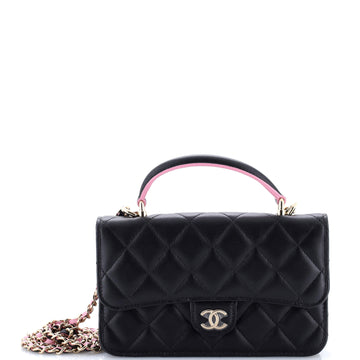Chanel Classic Top Handle Flap Phone Holder with Chain Quilted Lambskin