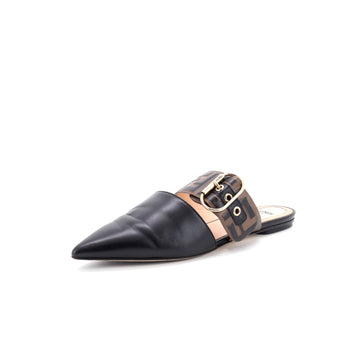 Fendi Women's Buckle Strap Flat Mules Zucca Embossed Leather