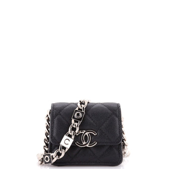Chanel Coco Enamel Strap Flap Clutch with Chain Quilted Caviar Mini