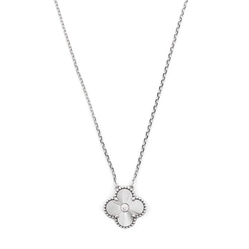 Van Cleef & Arpels Vintage Alhambra Pendant Necklace Guilloche 18K White Gold with Diamond