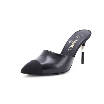 Chanel Women's Pointed Toe Single Pearl Heeled Mules Leather with Faux Pearls