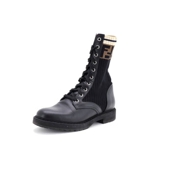Fendi Women's Rockoko Combat Boots Leather with Knit Stretch Fabric and Zucca Trim