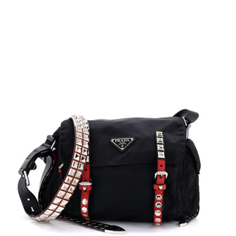 Prada New Vela Flap Messenger Bag Tessuto with Studded Leather Medium