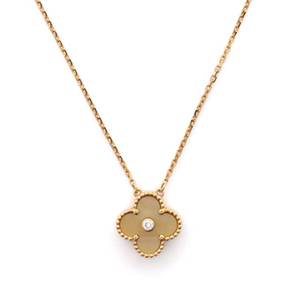 Van Cleef & Arpels Vintage Alhambra Pendant Necklace 18K Yellow Gold and Gold Mother of Pearl with Diamond