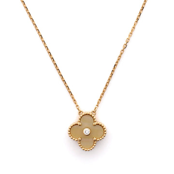 Van Cleef & Arpels Vintage Alhambra Pendant Necklace 18K Yellow Gold and Gold Mother of Pearl with Diamond