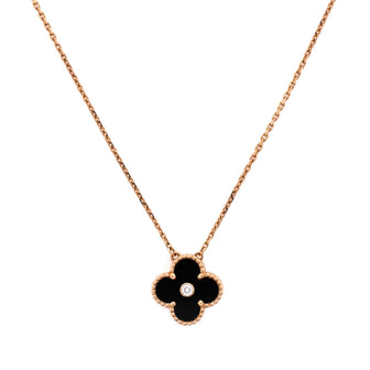 Van Cleef & Arpels Vintage Alhambra Pendant Necklace 18K Rose Gold and Onyx with Diamond