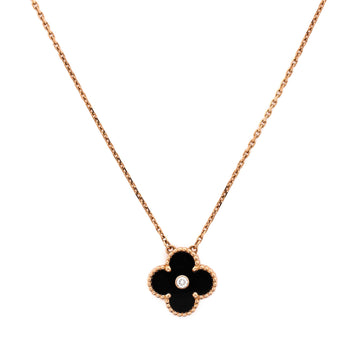 Van Cleef & Arpels Vintage Alhambra Pendant Necklace 18K Rose Gold and Onyx with Diamond