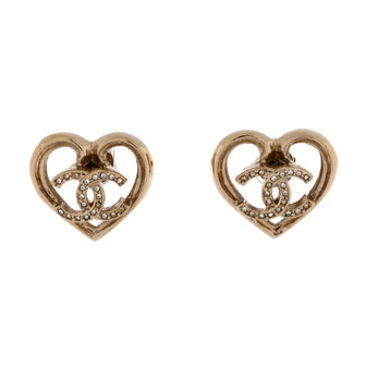 Chanel CC Cut Out Heart Stud Earrings Metal with Crystals