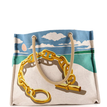 Hermes La Plage Beach Tote Bag Printed Canvas