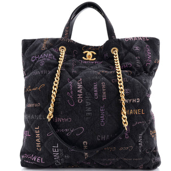 Chanel Denim Mood Shopping Tote Logo Printed Quilted Denim Maxi