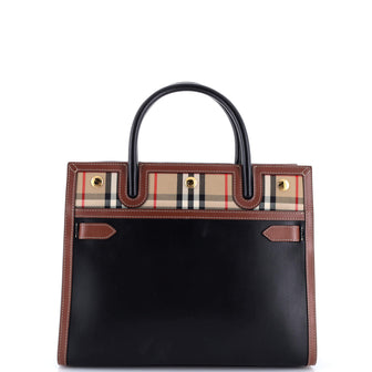 Burberry Title Two Handle Tote Leather with Vintage Check Canvas Small