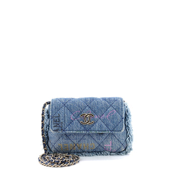 Chanel Denim Mood Flap Clutch with Chain Logo Printed Quilted Fringe Denim