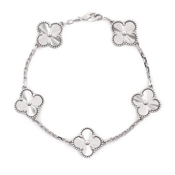 Van Cleef & Arpels Vintage Alhambra 5 Motifs Bracelet Guilloche 18K White Gold