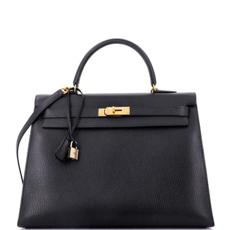 Hermes Kelly Handbag Black Ardennes with Gold Hardware 35