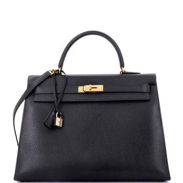 Hermes Kelly Handbag Black Ardennes with Gold Hardware 35